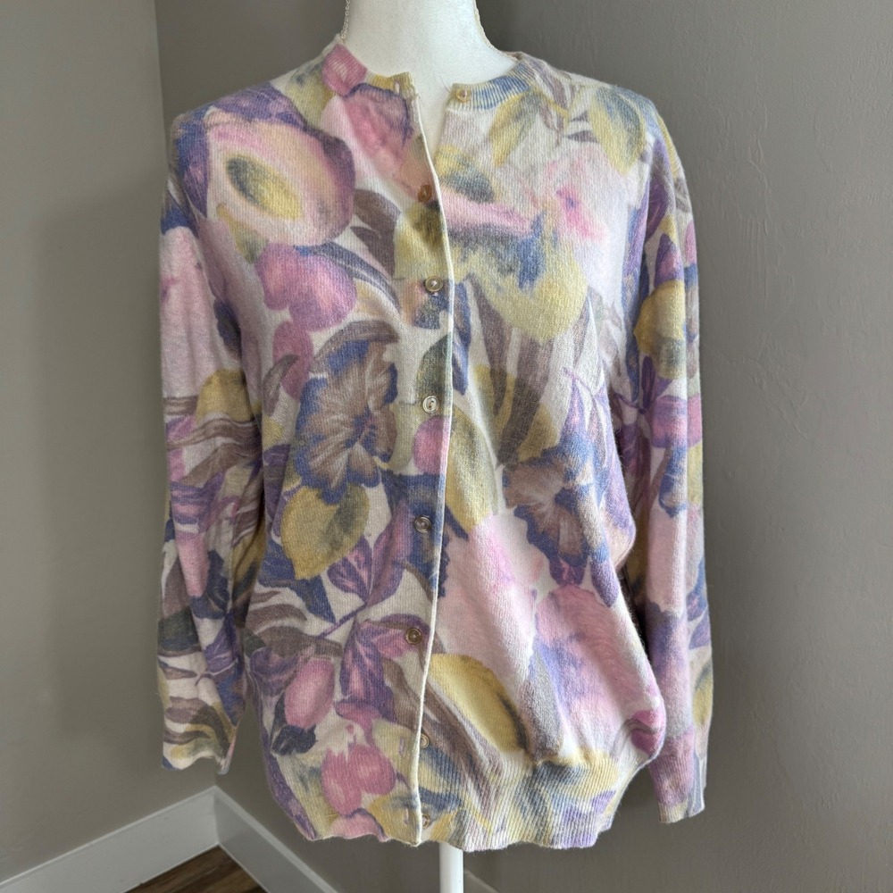 Vintage Made in Italy Floral Angora Wool Blend Cardigan Sweater Pastel Large